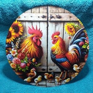 Metal sign wall art decor colorful chickens farm garden home pretty cute